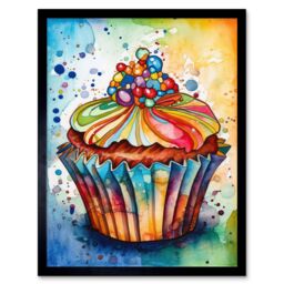 "Artery8 Wall Art Print Cupcake With Sprinkles Vibrant Watercolour Painting Art Framed in Black - Size: W12"" x H16""" - thumbnail 1