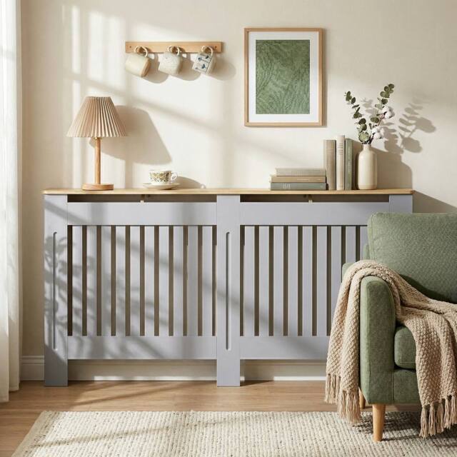 HOMCOM Radiator Cover Painted Slatted MDF Cabinet Lined Grill 172x19x81cm in Grey - Size: Large - image 1
