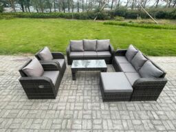 Fimous 9 Seater High Back Rattan Garden Furniture Set w/ Reclining Chair Rectangular Coffee Table Big Footstool Indoor Outdoor Patio Lounge Sofa Set - thumbnail 1