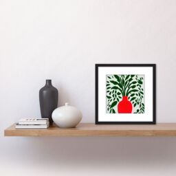 Artery8 Abstract Green Leaves Bold Red Vase 2D Illustration Square Wooden Framed Wall Art Print Picture 8X8 Inch in Black - thumbnail 2