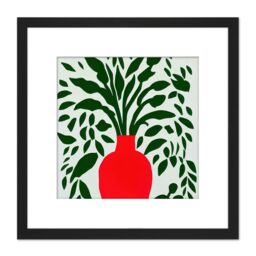 Artery8 Abstract Green Leaves Bold Red Vase 2D Illustration Square Wooden Framed Wall Art Print Picture 8X8 Inch in Black - thumbnail 1