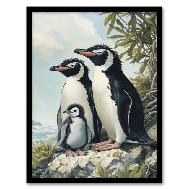 Artery8 Penguins with Baby Animal Family Portrait Framed Art Print in Green - Size: A4 - image 1