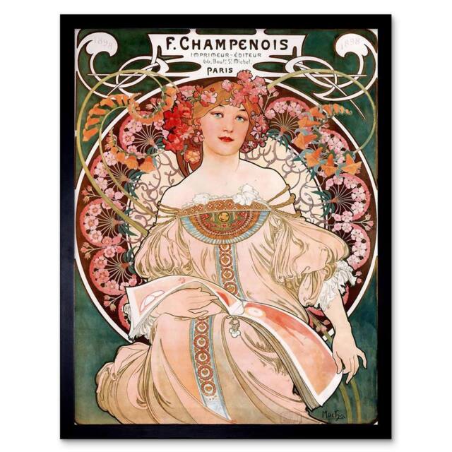 "Wee Blue Coo Alphonse Mucha Champenois Old Master Painting 12x16"" Framed Art Print in Green - Size: W12"" x H16""" - image 1