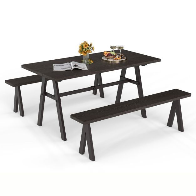 Costway 3Pcs Outdoor Picnic Table & Benches Set w/ 49MM Umbrella Hole in Brown - image 1