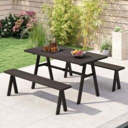 Costway 3Pcs Outdoor Picnic Table & Benches Set w/ 49MM Umbrella Hole in Brown - thumbnail 2