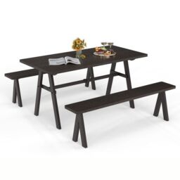 Costway 3Pcs Outdoor Picnic Table & Benches Set w/ 49MM Umbrella Hole in Brown