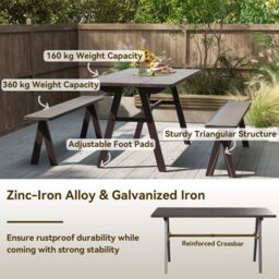 Costway 3Pcs Outdoor Picnic Table & Benches Set w/ 49MM Umbrella Hole in Brown - thumbnail 8