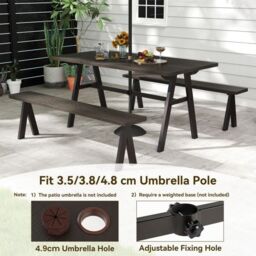 Costway 3Pcs Outdoor Picnic Table & Benches Set w/ 49MM Umbrella Hole in Brown - thumbnail 6