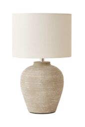 ValueLights Reid Linen Drum Lamp Shade Textured Ribbed Ceramic Table Lamp in Grey - Size: Large - thumbnail 6