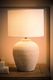 ValueLights Reid Linen Drum Lamp Shade Textured Ribbed Ceramic Table Lamp in Grey - Size: Large - thumbnail 2
