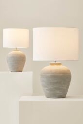 ValueLights Reid Linen Drum Lamp Shade Textured Ribbed Ceramic Table Lamp in Grey - Size: Large - thumbnail 8