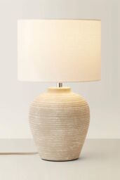 ValueLights Reid Linen Drum Lamp Shade Textured Ribbed Ceramic Table Lamp in Grey - Size: Large - thumbnail 3