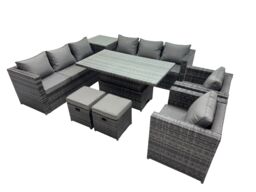 Fimous 10 Seater Outdoor Garden Rattan Furniture Set with Side Table 2 Stool in Dark Grey - thumbnail 1