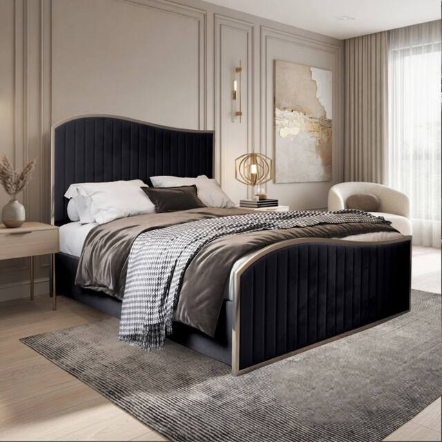 Casani Gainsborough Upholstered Soft Velvet Black Metal Designer Bed Frame - Size: Single - image 1