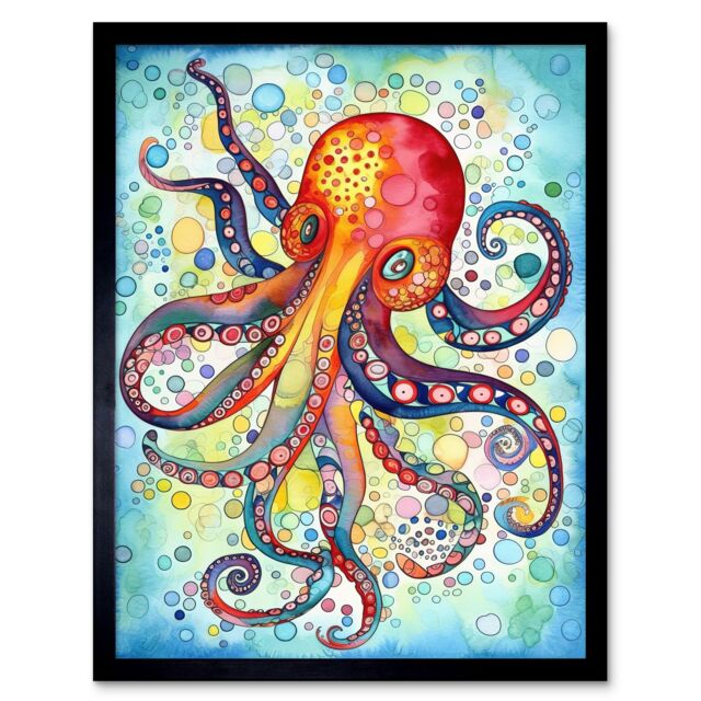 "Artery8 Wall Art Print Octopus Swimming In Air Bubbles Folk Art Watercolour Painting Art Framed in Black - Size: W12"" x H16""" - image 1