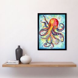 "Artery8 Wall Art Print Octopus Swimming In Air Bubbles Folk Art Watercolour Painting Art Framed in Black - Size: W12"" x H16""" - thumbnail 2