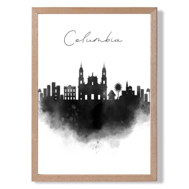 ARTZE Columbia Watercolour Skyline City Framed Print SIZE: A2 with Oak Frame in Black - Size: A4 - image 1