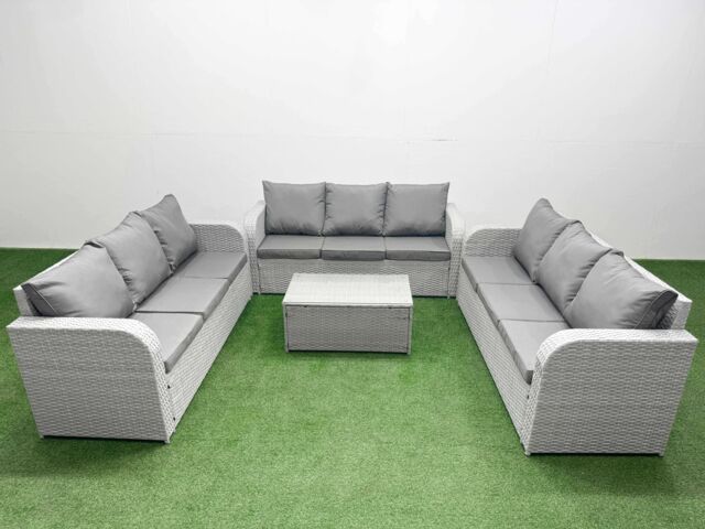 Fimous PE Rattan Lounge Sofa Set 9 Seater Outdoor Garden Furniture Set with Rectangular Coffee Table 3 Seater Sofa Light Grey - image 1