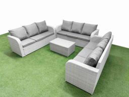 Fimous PE Rattan Lounge Sofa Set 9 Seater Outdoor Garden Furniture Set with Rectangular Coffee Table 3 Seater Sofa Light Grey - thumbnail 2