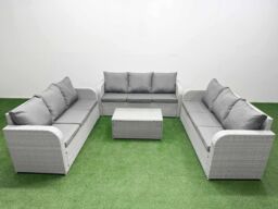 Fimous PE Rattan Lounge Sofa Set 9 Seater Outdoor Garden Furniture Set with Rectangular Coffee Table 3 Seater Sofa Light Grey - thumbnail 1