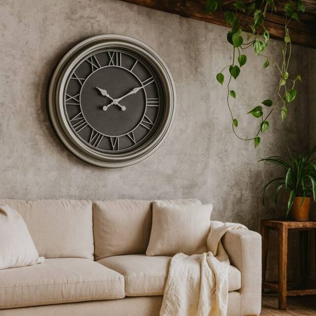Wyld Haus 59cm Black Round Wall Clock with Roman Numerals in Silver - image 1