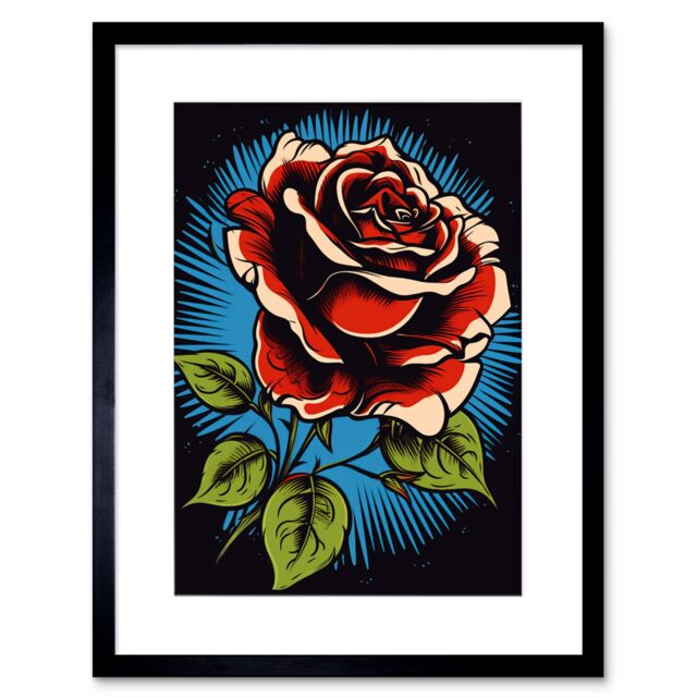 "Artery8 Wall Art Print A Blooming Rose Old School USA Tattoo Ink Body Art Rockabilly Americana 50s Artwork Framed 9X7 Inch in Black - Size: W7"" x H9""" - image 1