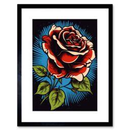 "Artery8 Wall Art Print A Blooming Rose Old School USA Tattoo Ink Body Art Rockabilly Americana 50s Artwork Framed 9X7 Inch in Black - Size: W7"" x H9""" - thumbnail 1
