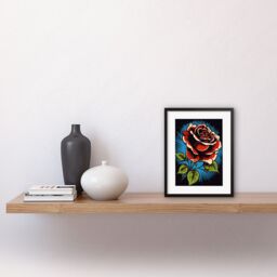 "Artery8 Wall Art Print A Blooming Rose Old School USA Tattoo Ink Body Art Rockabilly Americana 50s Artwork Framed 9X7 Inch in Black - Size: W7"" x H9""" - thumbnail 2