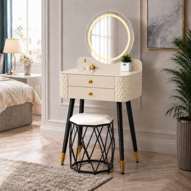 MN Furniture Modern Dressing Table with LED Mirror & Storage Drawer W60 × H127cm in Beige