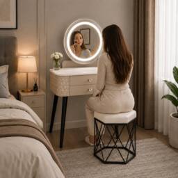 MN Furniture Modern Dressing Table with LED Mirror & Storage Drawer W60 × H127cm in Beige - thumbnail 4