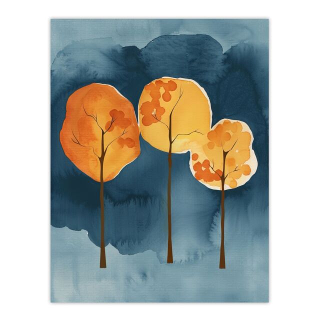 "Artery8 Abstract Autumn Trees Orange Blue Watercolour Wall Art Print - Size: W18"" x H24""" - image 1