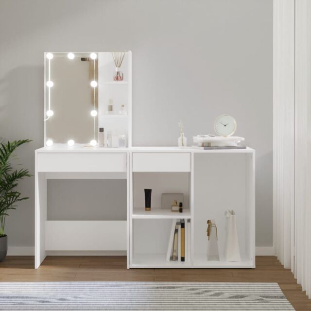 Berkfield Home LED Dressing Table with Cabinet White Engineered Wood - image 1