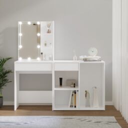 Berkfield Home LED Dressing Table with Cabinet White Engineered Wood - thumbnail 1