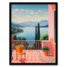 Wee Blue Coo Wall Art Print A Veranda In Italy Oil Painting Blue Pink Green Peaceful Morning in Mediterranean Holiday Villa Art Framed - Size: A4 - thumbnail 1