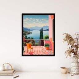 Wee Blue Coo Wall Art Print A Veranda In Italy Oil Painting Blue Pink Green Peaceful Morning in Mediterranean Holiday Villa Art Framed - Size: A4 - thumbnail 4