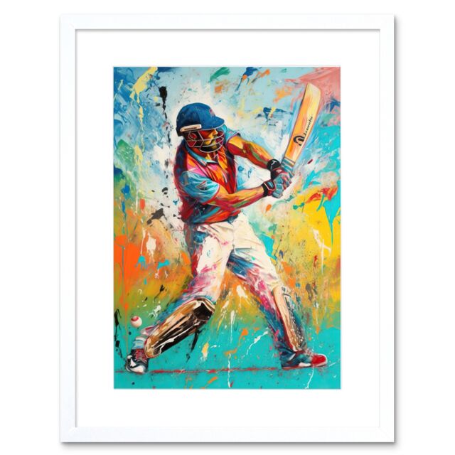 "Artery8 Wall Art Print Cricket Shot Vibrant Cricketer Batsman Portrait Artwork Framed 9X7 Inch in White - Size: W7"" x H9""" - image 1