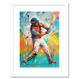 "Artery8 Wall Art Print Cricket Shot Vibrant Cricketer Batsman Portrait Artwork Framed 9X7 Inch in White - Size: W7"" x H9""" - thumbnail 1