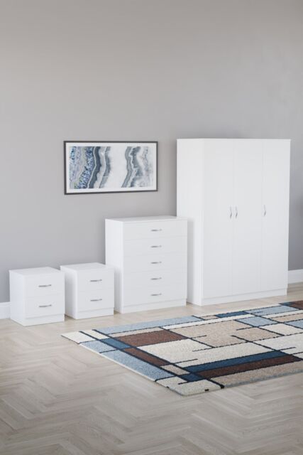 Home Discount Vida Designs 4Pc Bedroom Set 2xBedside Chest, 5 Drawer Chest, Wardrobe in White - image 1