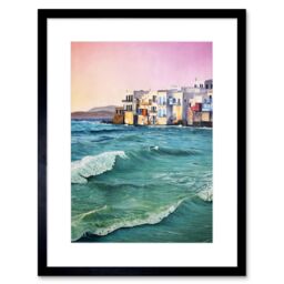 "Artery8 Wall Art Print Greece by The Sea Painting Art Framed 9x7 inch in Black - Size: W7"" x H9""" - thumbnail 1