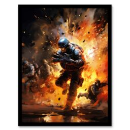 Artery8 Wall Art Print Military Operation Army Explosion Scene Action Artwork Painting Art Framed in Black - Size: A4 - thumbnail 1