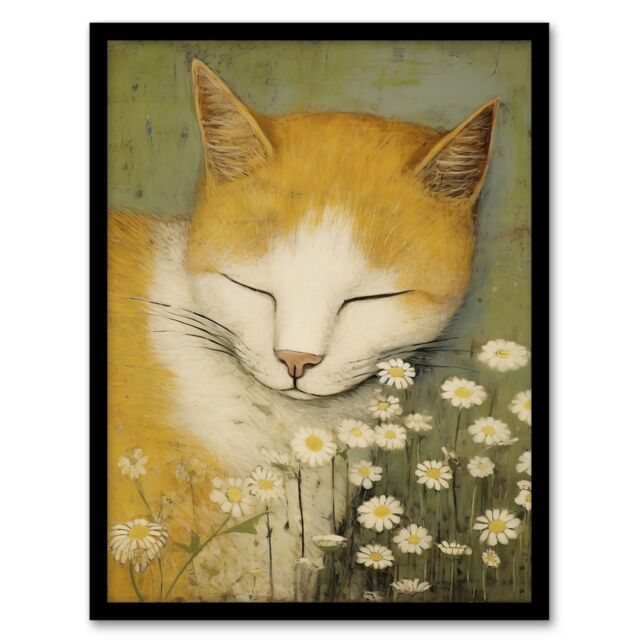 Artery8 Wall Art Print Sleeping With The Daisies Artwork By Gillian Keenan Cat Sleeping In Wildflower Meadow Pastel Colour Oil Painting Art Framed - image 1