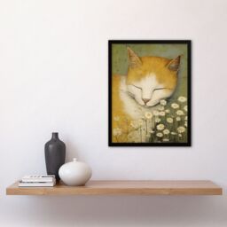 Artery8 Wall Art Print Sleeping With The Daisies Artwork By Gillian Keenan Cat Sleeping In Wildflower Meadow Pastel Colour Oil Painting Art Framed - thumbnail 4