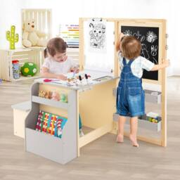 Costway Kids Art Easel & Table &Bench Set Wooden Art Activity Center w/Shelves in Grey - thumbnail 1