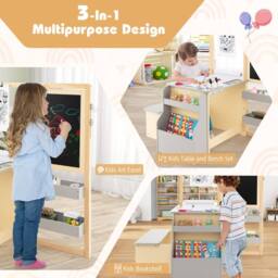 Costway Kids Art Easel & Table &Bench Set Wooden Art Activity Center w/Shelves in Grey - thumbnail 5