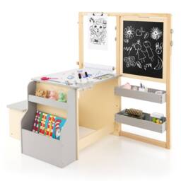 Costway Kids Art Easel & Table &Bench Set Wooden Art Activity Center w/Shelves in Grey - thumbnail 3