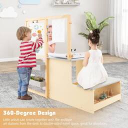 Costway Kids Art Easel & Table &Bench Set Wooden Art Activity Center w/Shelves in Grey - thumbnail 9
