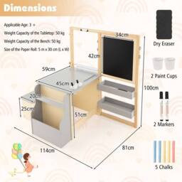 Costway Kids Art Easel & Table &Bench Set Wooden Art Activity Center w/Shelves in Grey - thumbnail 2