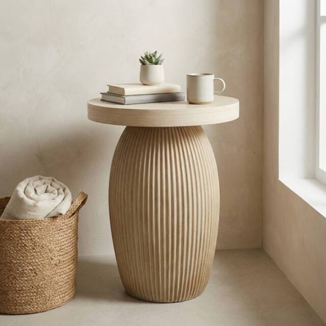 Garden Greatness Evie Round Slat Natural Side Table in Beige - Size: 1 Pack - image 1