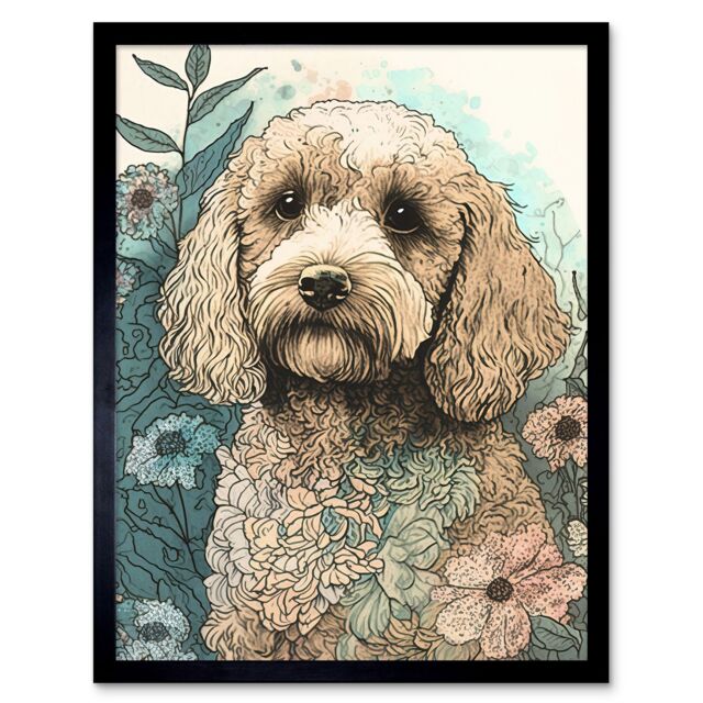 "Artery8 Wall Art Print Cockapoo Dog in Wildflower Field Pastel Watercolour Art Framed in Black - Size: W12"" x H16""" - image 1
