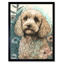 "Artery8 Wall Art Print Cockapoo Dog in Wildflower Field Pastel Watercolour Art Framed in Black - Size: W12"" x H16""" - thumbnail 1